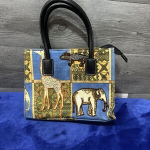 African Animals Handbag Purse Small/Cross Body Beaded Safari Neutral Tan Blue